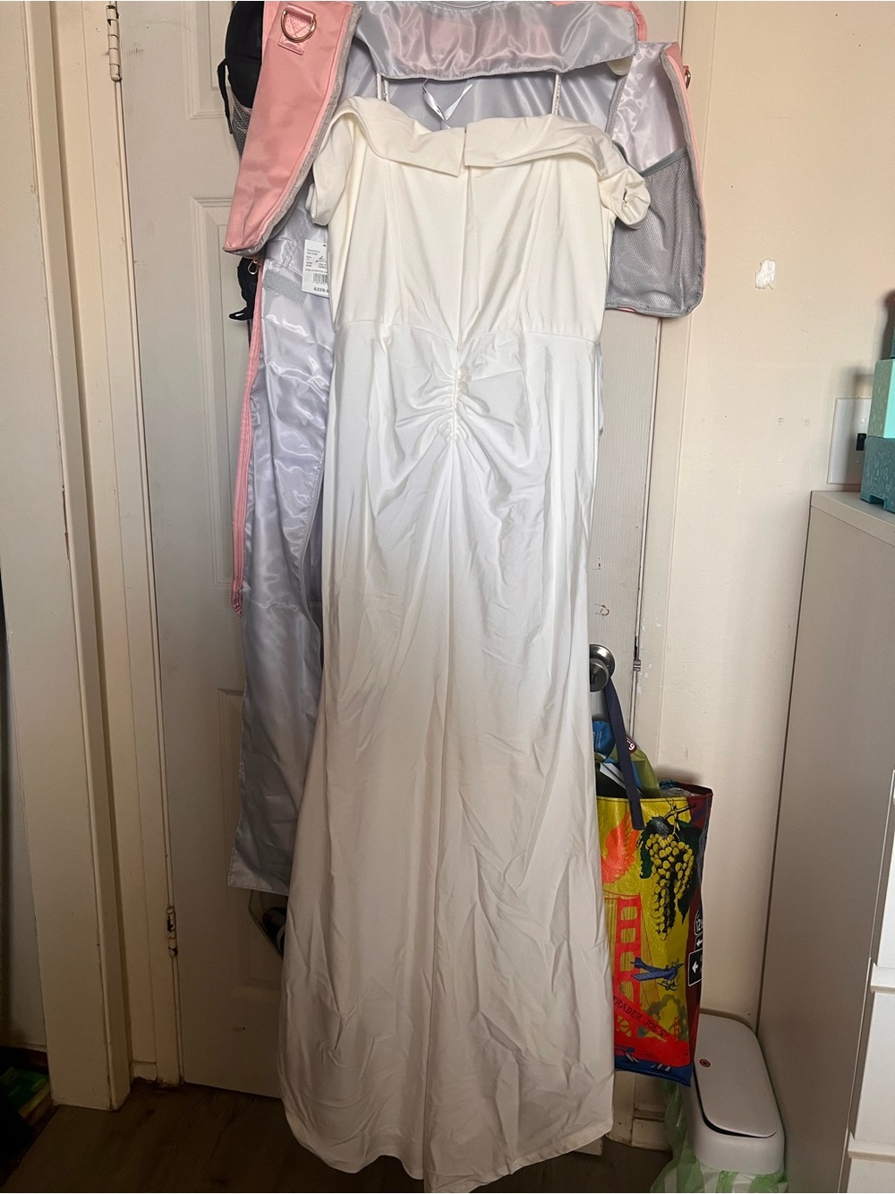 Off-Shoulder White Wedding Gown with Ruched Back & small train